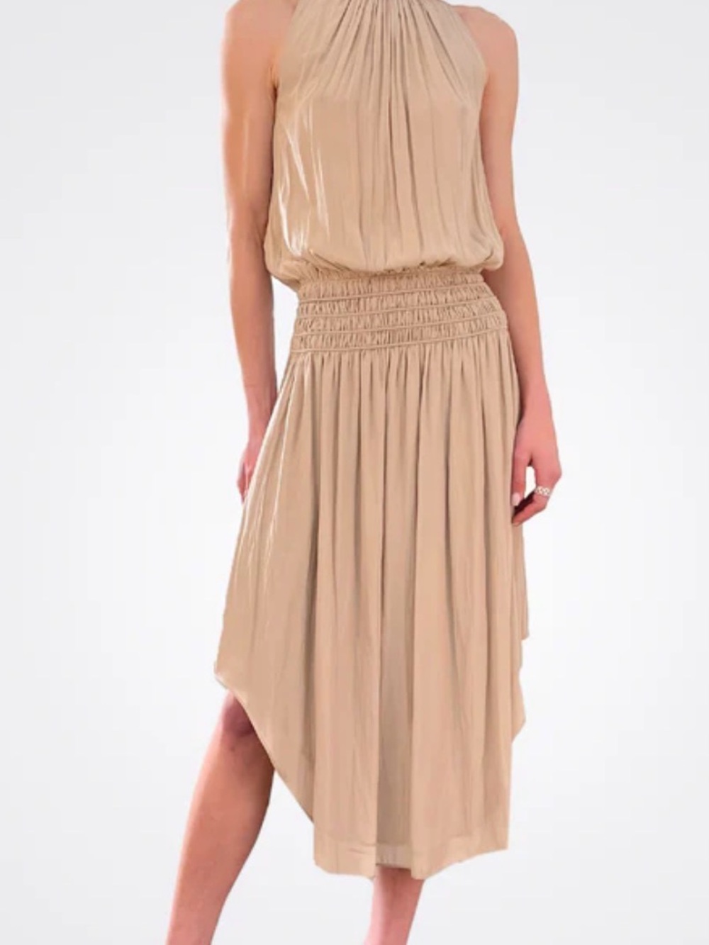 Ramy Brook Beige Asymmetrical Smocked-Waist Midi Dress